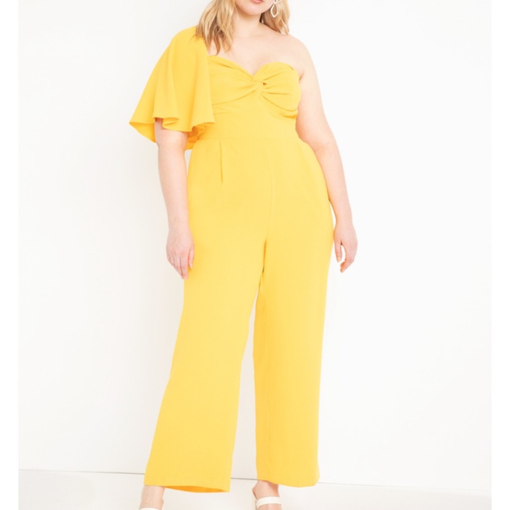 Yellow Plus Size Spring Ruffle Easter One Shoulder Wide Leg Jumpsuit NWT